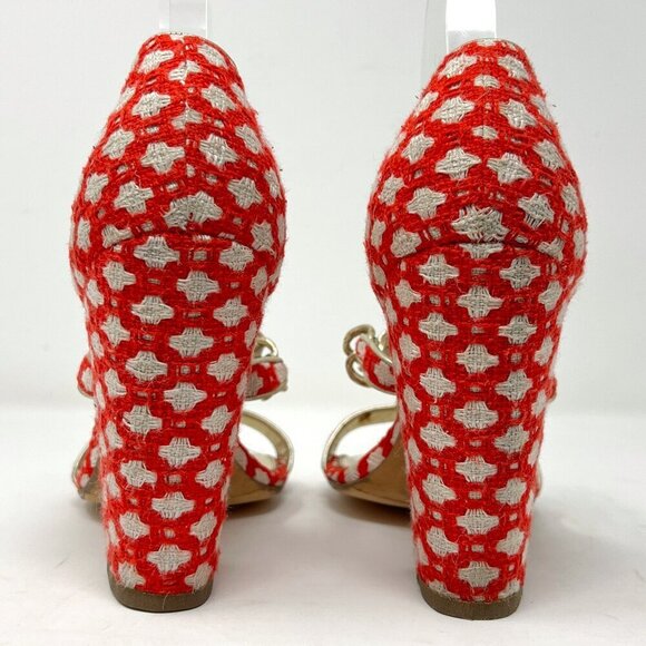 Chanel Red White Tweed Gold Chain Logo Strappy Block High Heels Sandals - Picture 6 of 10